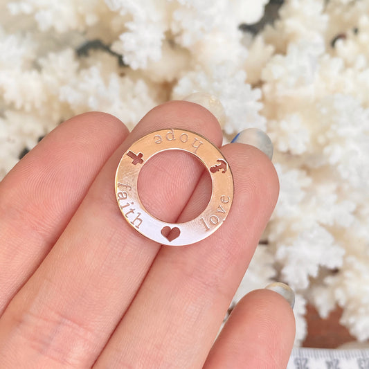 14KT Rose Gold Open Circle Script "Faith Hope Love" Pendant, 14KT Rose Gold Open Circle Script "Faith Hope Love" Pendant - Legacy Saint Jewelry