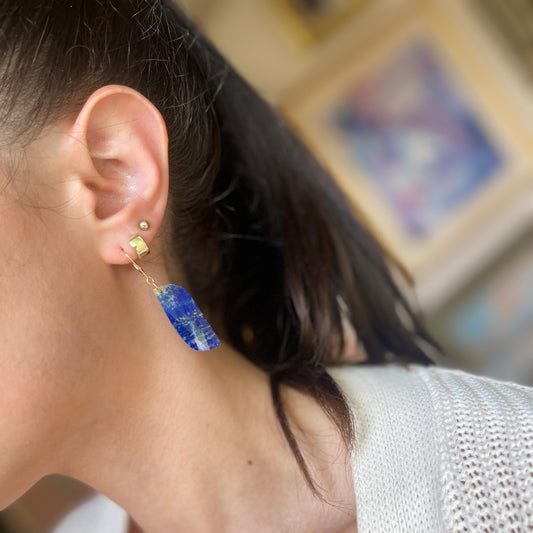 Estate 14KT Yellow Gold Blue Lapis Rectangle Lever Back Earrings