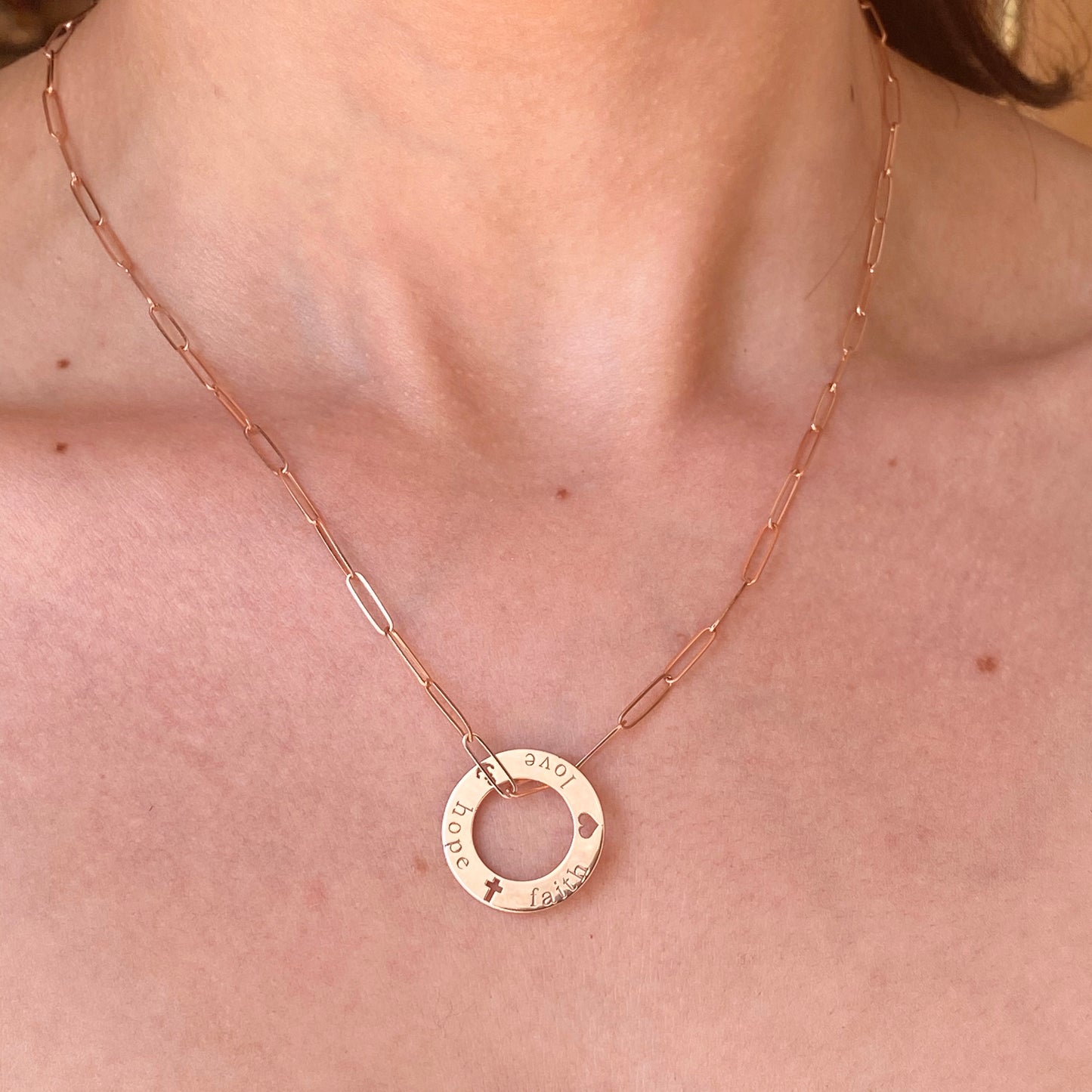 14KT Rose Gold Open Circle Script "Faith Hope Love" Pendant, 14KT Rose Gold Open Circle Script "Faith Hope Love" Pendant - Legacy Saint Jewelry