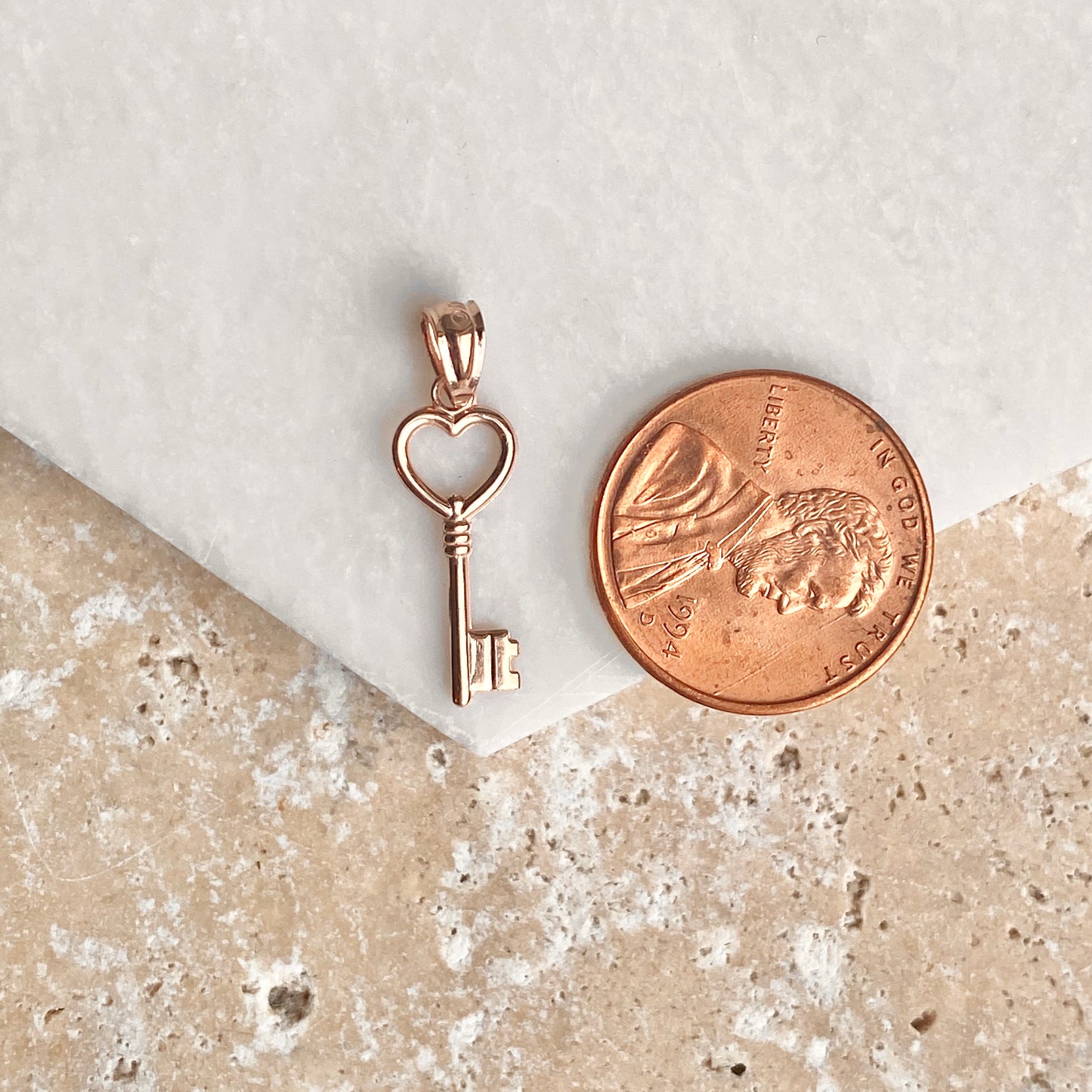 OOO 14KT Rose Gold Small Key Heart Pendant Charm, OOO 14KT Rose Gold Small Key Heart Pendant Charm - Legacy Saint Jewelry