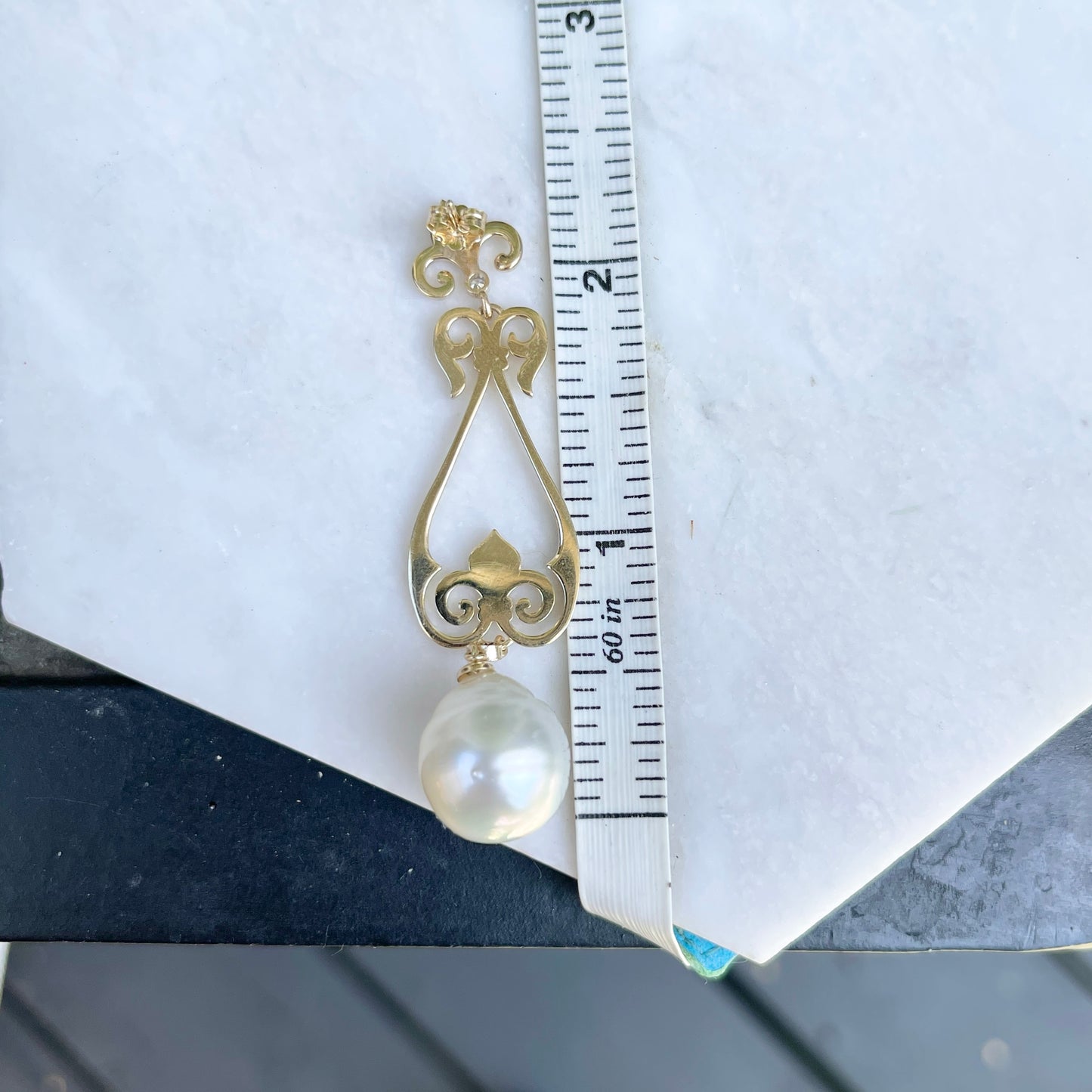 14KT Yellow Gold Paspaley South Sea Pearl + Diamond Fleur de Lis Dangle Earrings