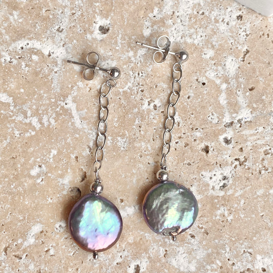 Sterling Silver Freshwater Cultured Black Pearl Coin Dangle Earrings, Sterling Silver Freshwater Cultured Black Pearl Coin Dangle Earrings - Legacy Saint Jewelry