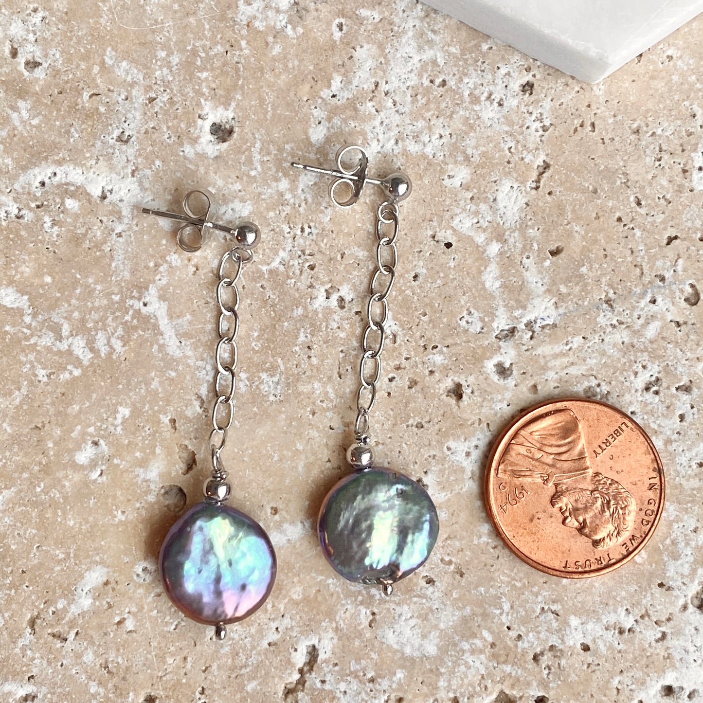 Sterling Silver Freshwater Cultured Black Pearl Coin Dangle Earrings, Sterling Silver Freshwater Cultured Black Pearl Coin Dangle Earrings - Legacy Saint Jewelry