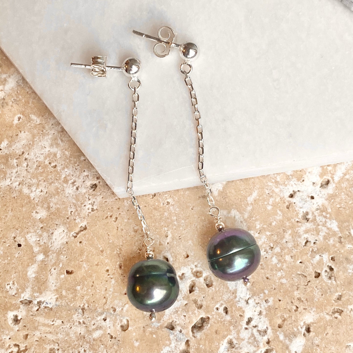 Sterling Silver Black Freshwater Cultured Pearl Dangle Earrings, Sterling Silver Black Freshwater Cultured Pearl Dangle Earrings - Legacy Saint Jewelry