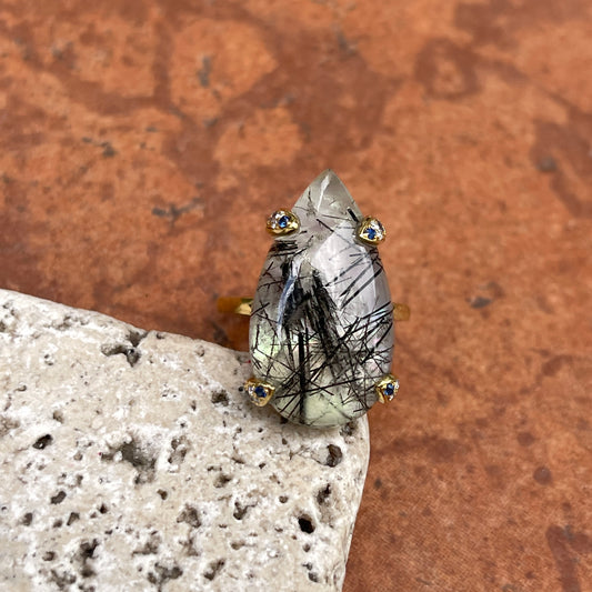 Estate 18KT Yellow Gold Teardrop Rutilated Quartz, Blue Sapphire, + Diamond Ring