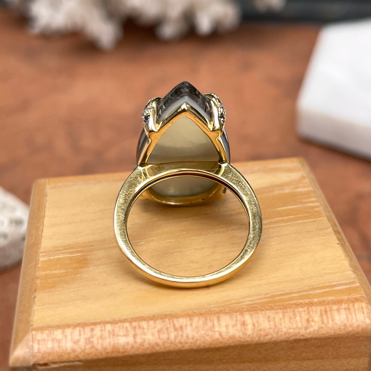 Estate 18KT Yellow Gold Teardrop Rutilated Quartz, Blue Sapphire, + Diamond Ring