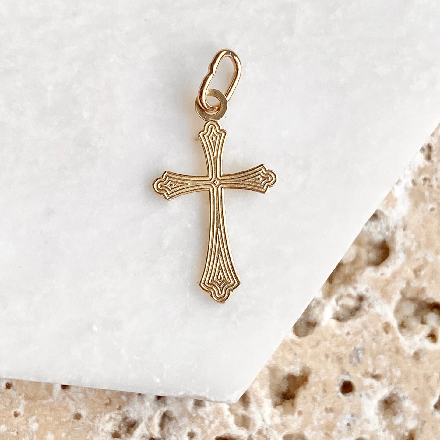 14KT Yellow Gold Textured Small Cross Pendant Charm, 14KT Yellow Gold Textured Small Cross Pendant Charm - Legacy Saint Jewelry