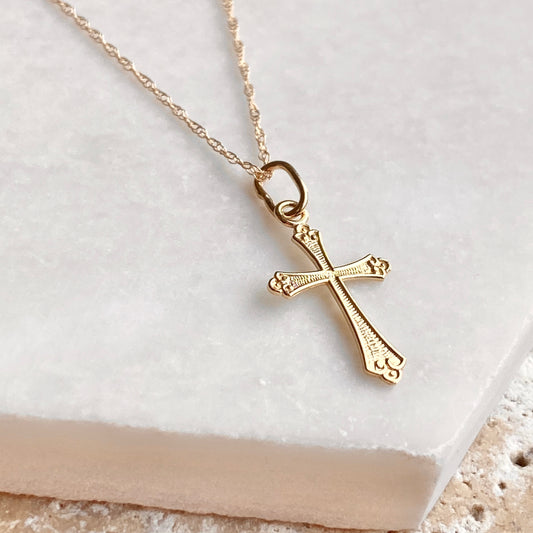 14KT Yellow Gold Textured Small Cross Pendant Chain Necklace, 14KT Yellow Gold Textured Small Cross Pendant Chain Necklace - Legacy Saint Jewelry