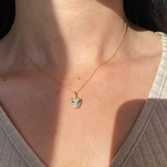 14KT Yellow Gold Green + White CZ Panther Head Pendant