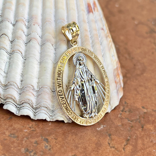 14KT Yellow Gold + White Rhodium Miraculous Medal Pendant 25mm
