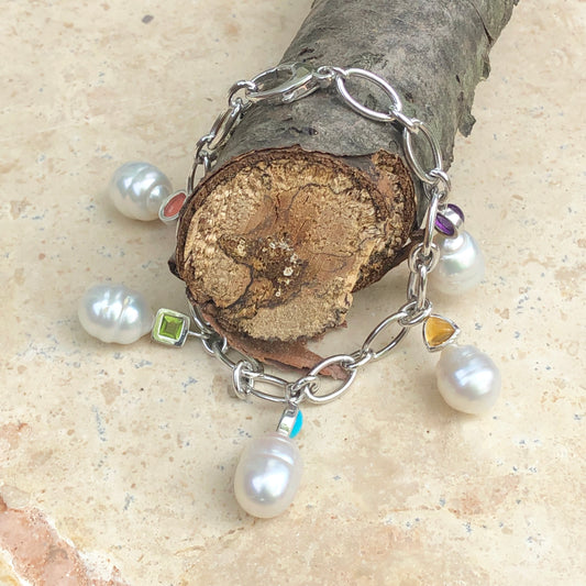 14KT White Gold Gemstones + Genuine Paspaley South Sea Pearls Bracelet - Legacy Saint Jewelry