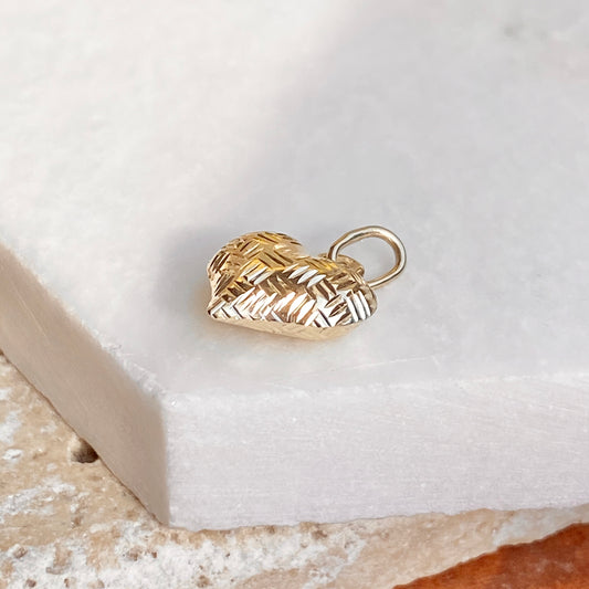 14KT Yellow Gold Basket Weave Pattern 3-D Heart Pendant Charm, 14KT Yellow Gold Basket Weave Pattern 3-D Heart Pendant Charm - Legacy Saint Jewelry