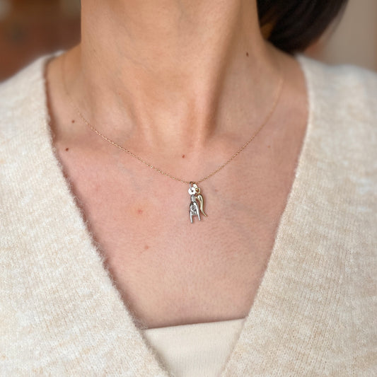 14KT Yellow Gold + White Gold 20mm Mano Cornuto + Corno Italian Horn Pendants Chain Necklace