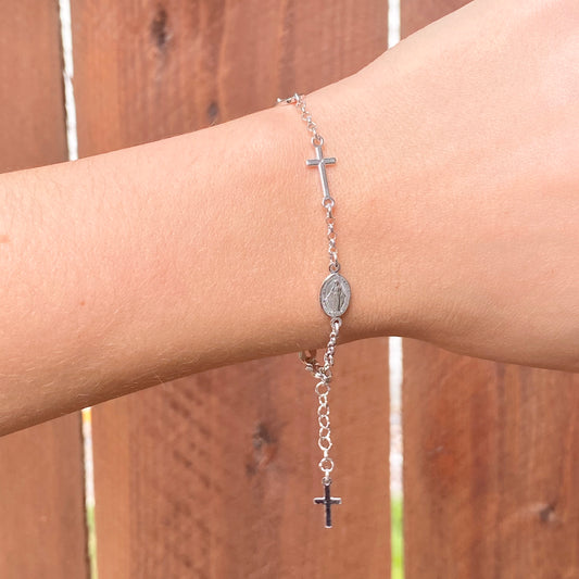 Sterling Silver Cross + Miraculous Medal Rosary Chain Bracelet
