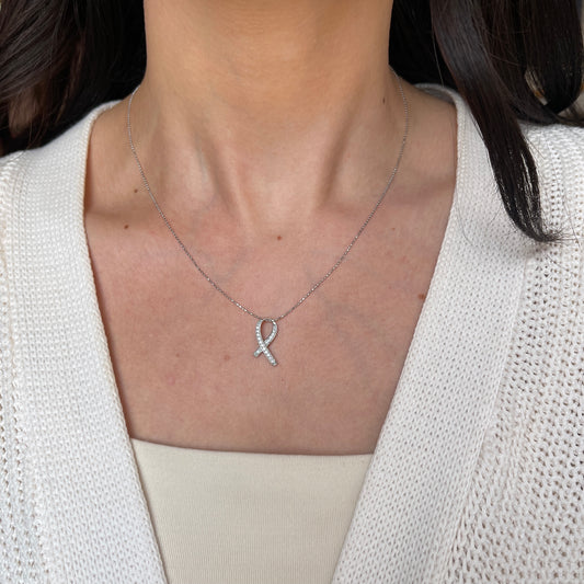 14KT White Gold 1/8 CT Diamond Cancer Awareness Ribbon Pendant Slide
