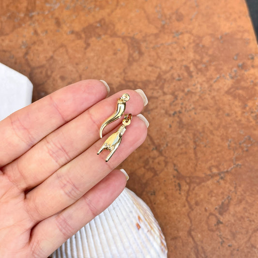 14KT Yellow Gold Corno Italian Horn + Mano Cornuto Pendant Set Medium Size