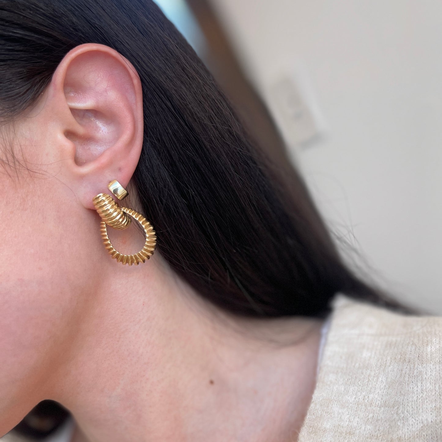 Estate 14KT Yellow Gold Ribbed Omega Back Earrings with 4 Charm Sets