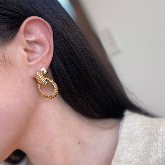 Estate 14KT Yellow Gold Ribbed Omega Back Earrings with 4 Charm Sets - LSJ