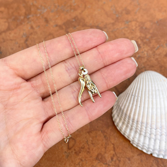 14KT Yellow Gold 25mm Mano Cornuto + Corno Italian Horn Pendants Chain Necklace