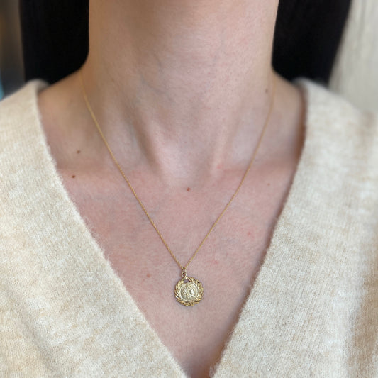 14KT Yellow Gold Leaf Frame Roman Coin Disc Pendant Necklace