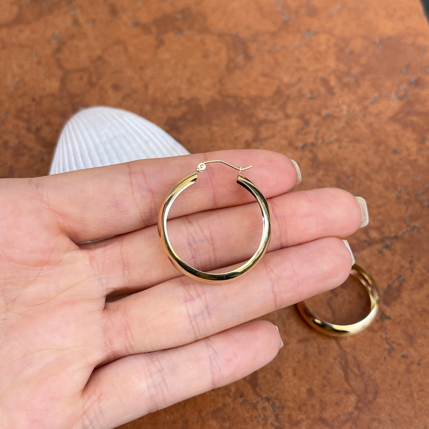 14KT Yellow Gold Shiny Rounded 6.75mm Wide Hoop Earrings 28mm