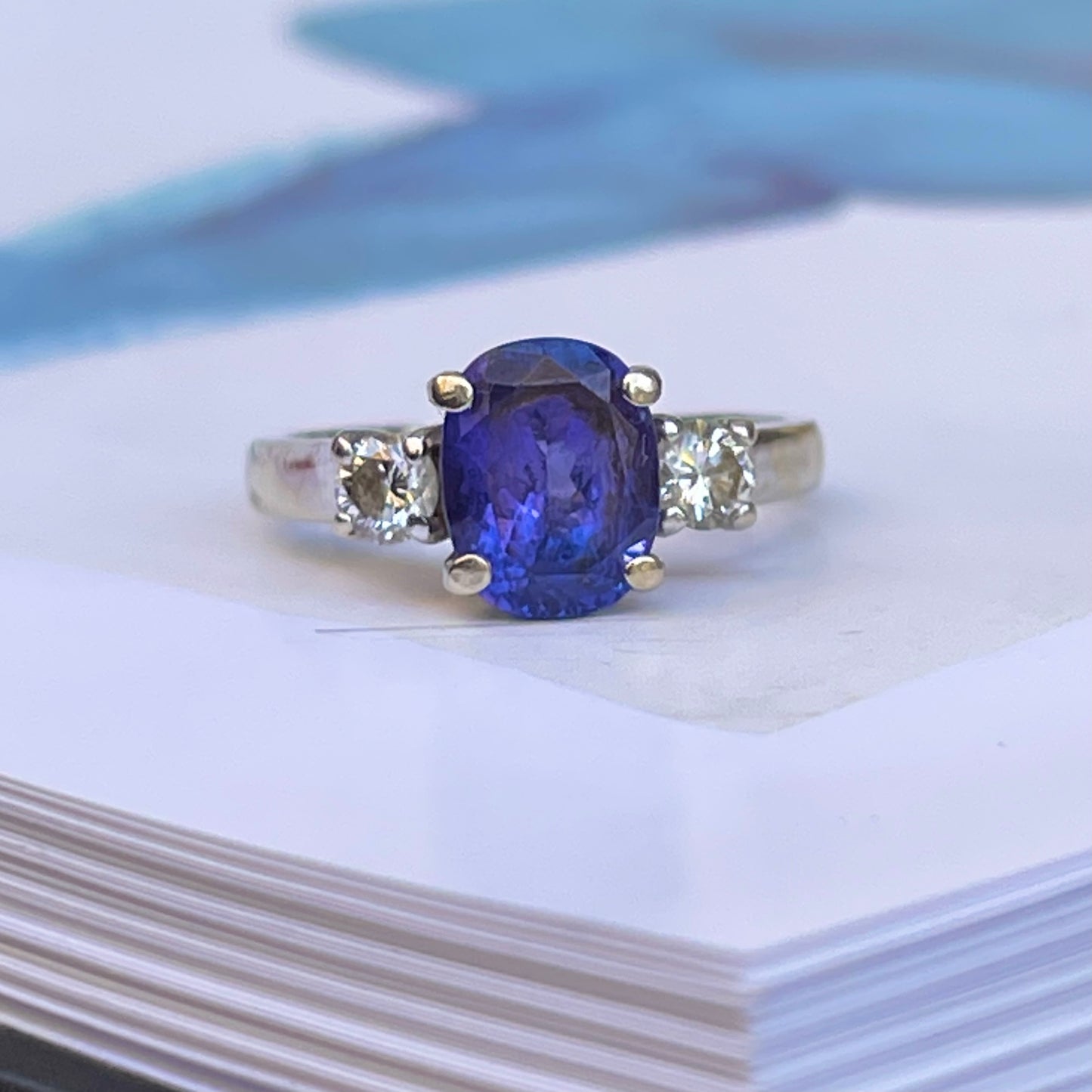 Estate 14KT White Gold Oval 2.25 CT Tanzanite + Diamond Accent Ring