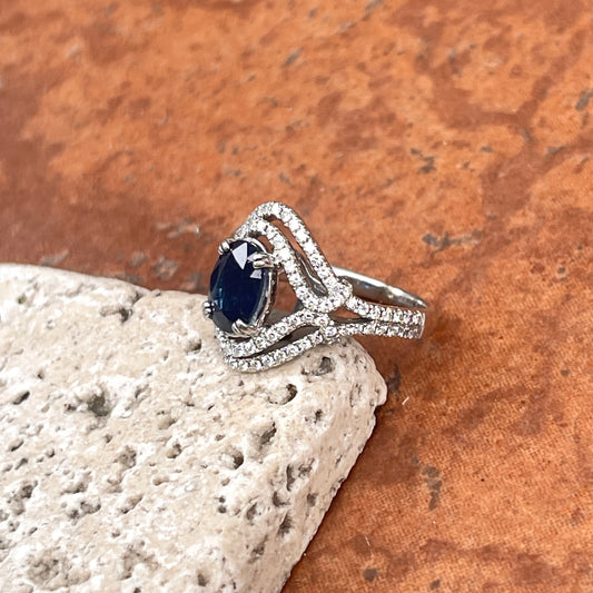 Estate 14KT White Gold Oval 1.82 CT Blue Sapphire + Double Diamond Halo Ring