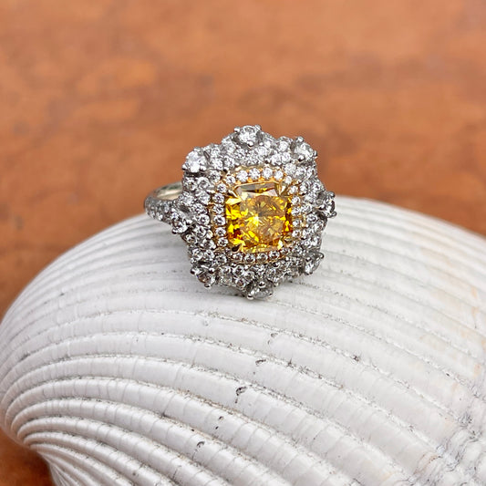 Estate 18KT White Gold Cushion-Cut Yellow Diamond + Pave Diamond Ring