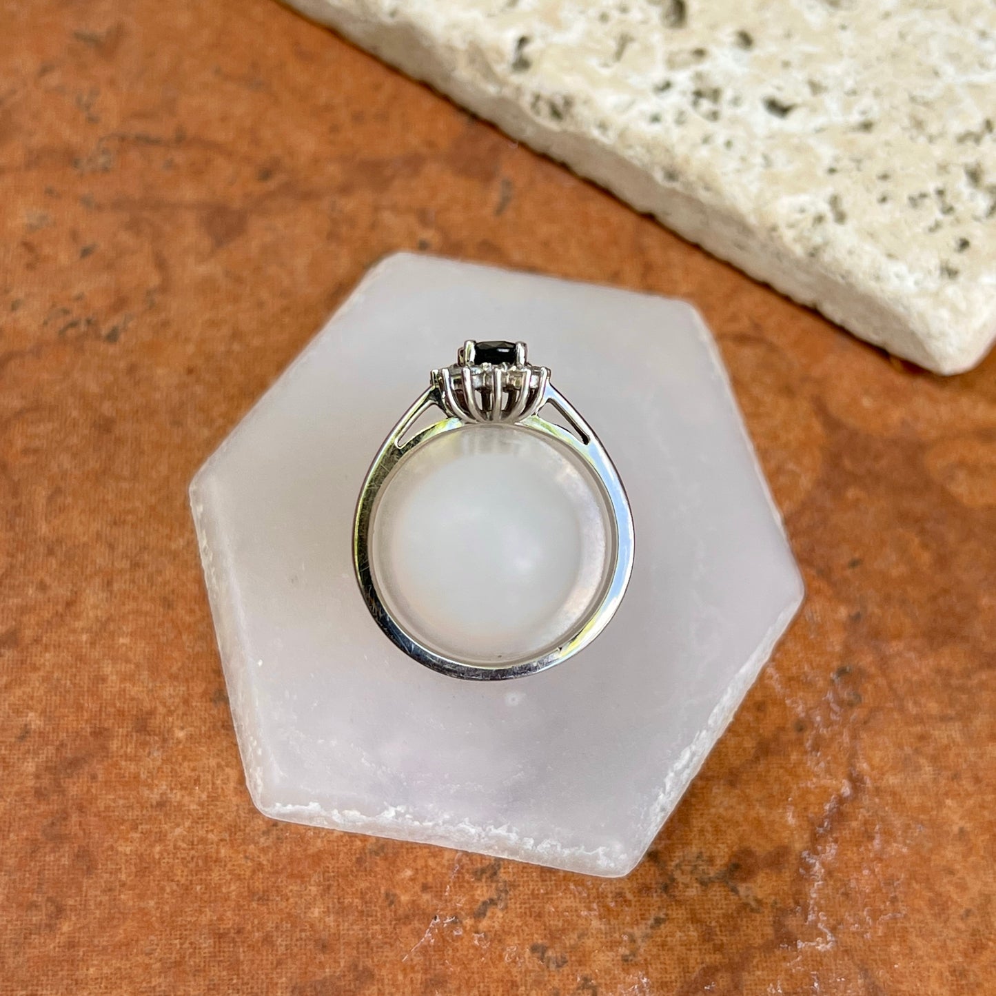 Estate 14KT White Gold Oval 1.00 CT Blue Sapphire + Diamond Halo Ring