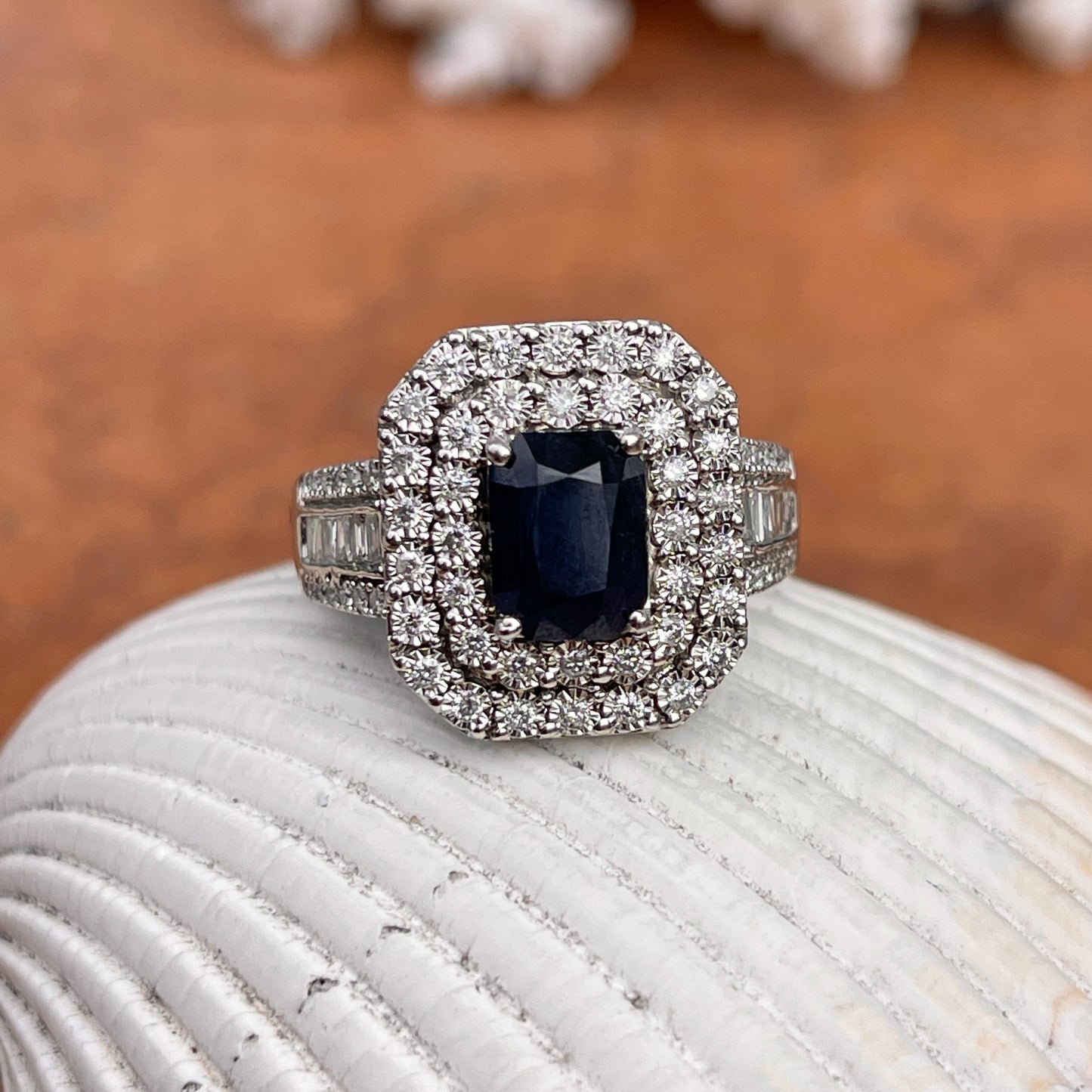 Estate 14KT White Gold Emerald-Cut Blue Sapphire + Double Diamond Halo Ring