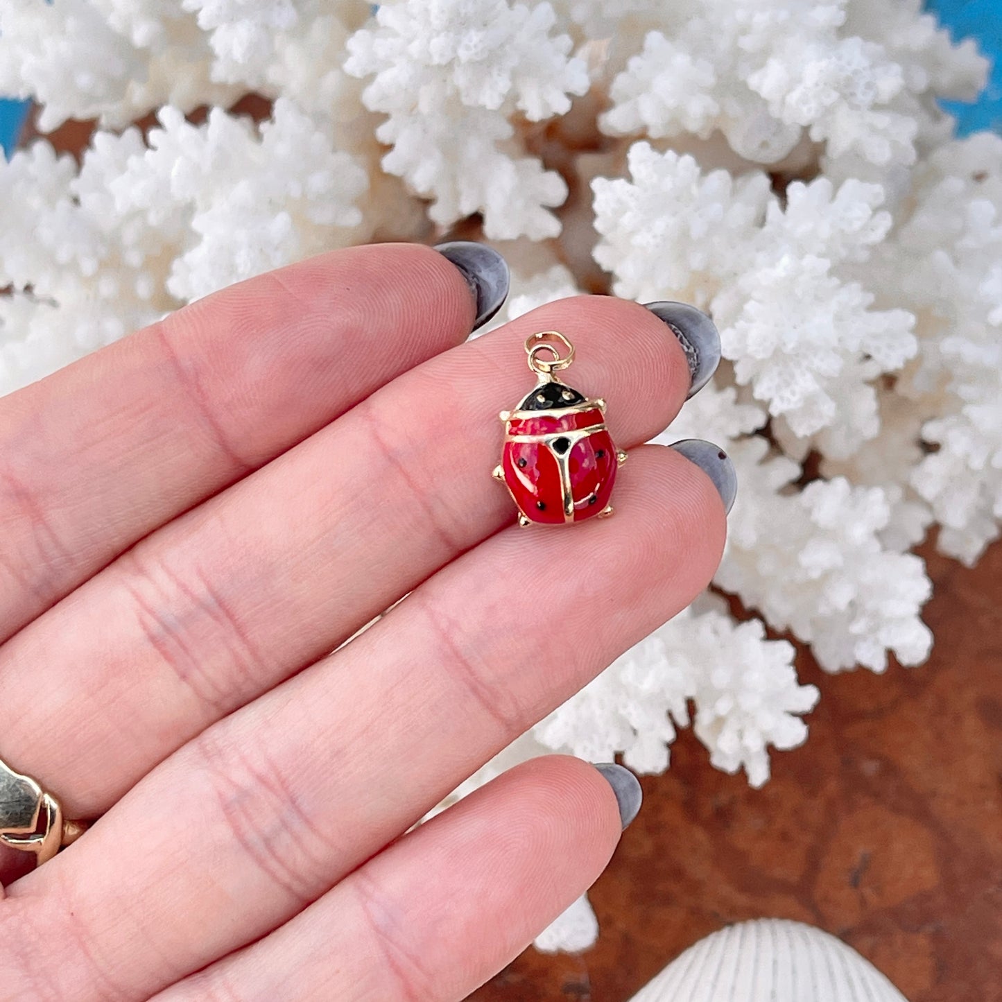 14KT Yellow Gold Red Enamel Ladybug Pendant 19mm