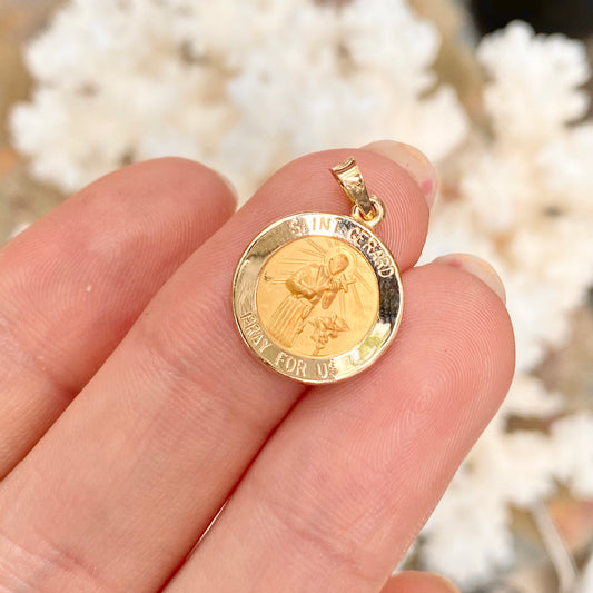 14KT Yellow Gold Satin + Polished Saint Gerard Round Medal Pendant 15mm