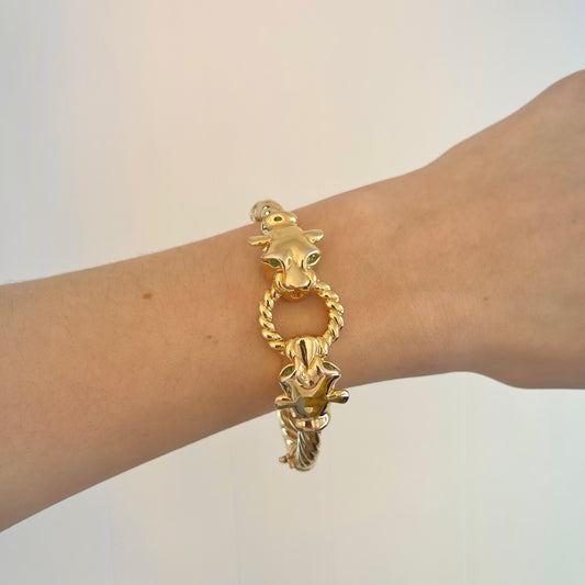 Estate 14KT Yellow Gold Double Panther Emerald Bangle Bracelet