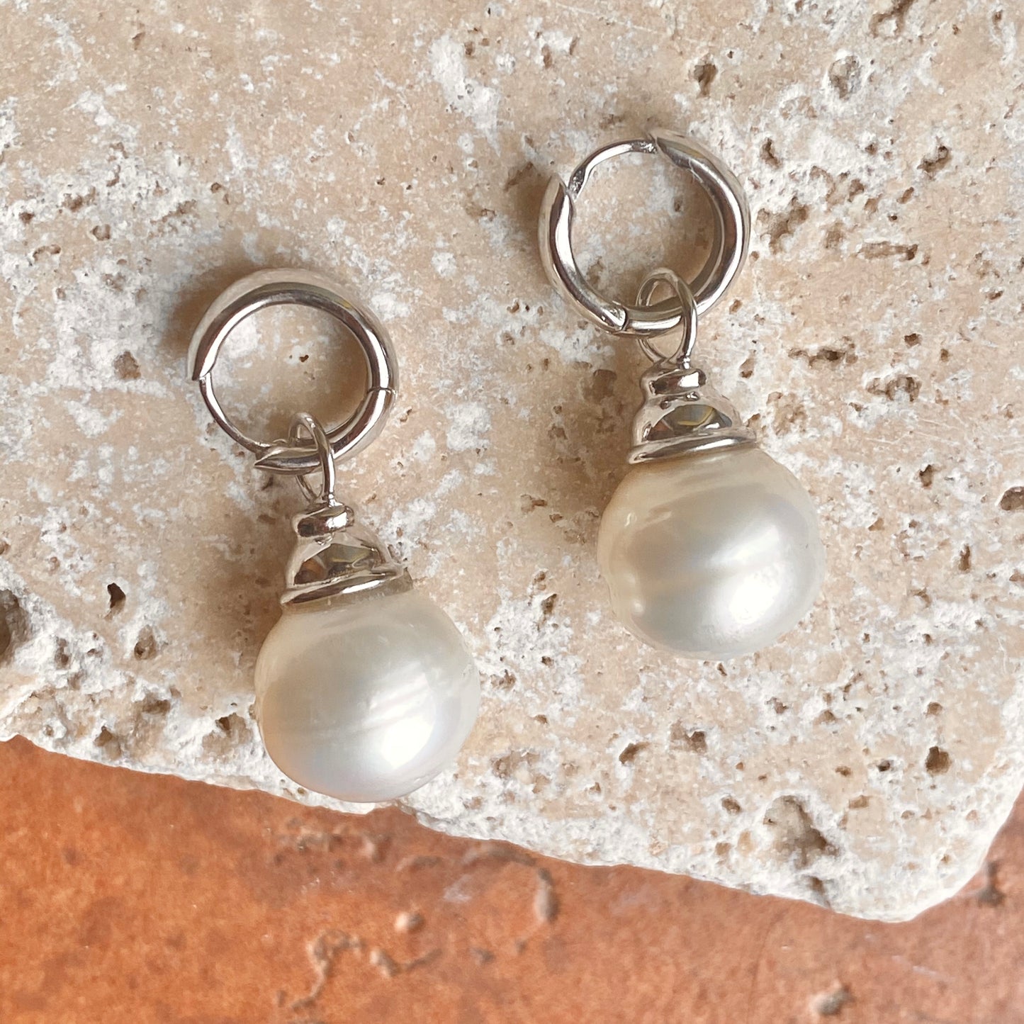 Sterling Silver Huggie Hoop with Paspaley Pearl Charm Earrings, Sterling Silver Huggie Hoop with Paspaley Pearl Charm Earrings - Legacy Saint Jewelry