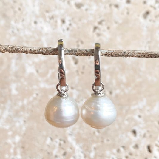 Sterling Silver Hoop with Paspaley Pearl Charm Earrings, Sterling Silver Hoop with Paspaley Pearl Charm Earrings - Legacy Saint Jewelry