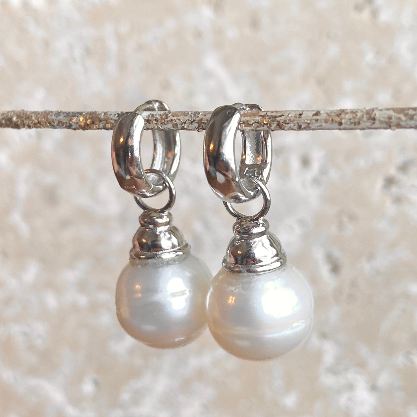 Sterling Silver Huggie Hoop with Paspaley Pearl Charm Earrings, Sterling Silver Huggie Hoop with Paspaley Pearl Charm Earrings - Legacy Saint Jewelry