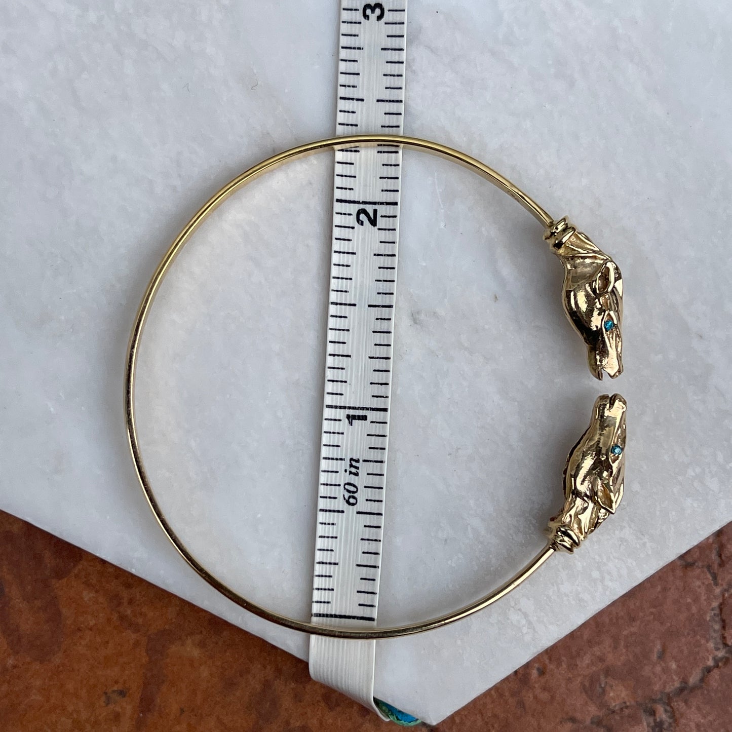 Estate 14KT Yellow Gold Double Horse Head Blue Topaz Bangle Cuff Bracelet - LSJ