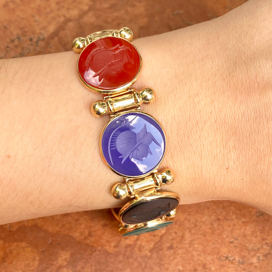 Estate 14KT Yellow Gold Intaglio Carved Multi-Colored Onyx + Carnelian Gemstone Links Bracelet
