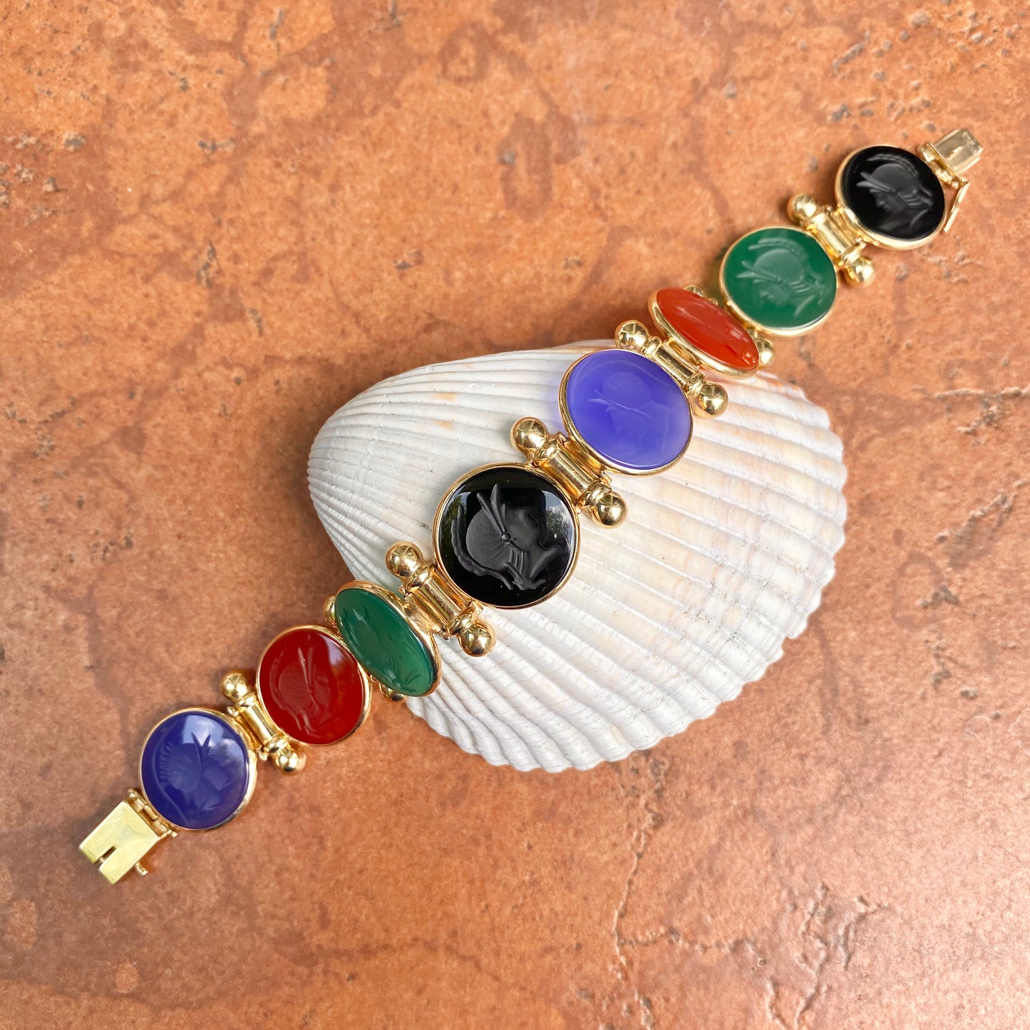 Estate 14KT Yellow Gold Intaglio Carved Multi-Colored Onyx + Carnelian Gemstone Links Bracelet - LSJ