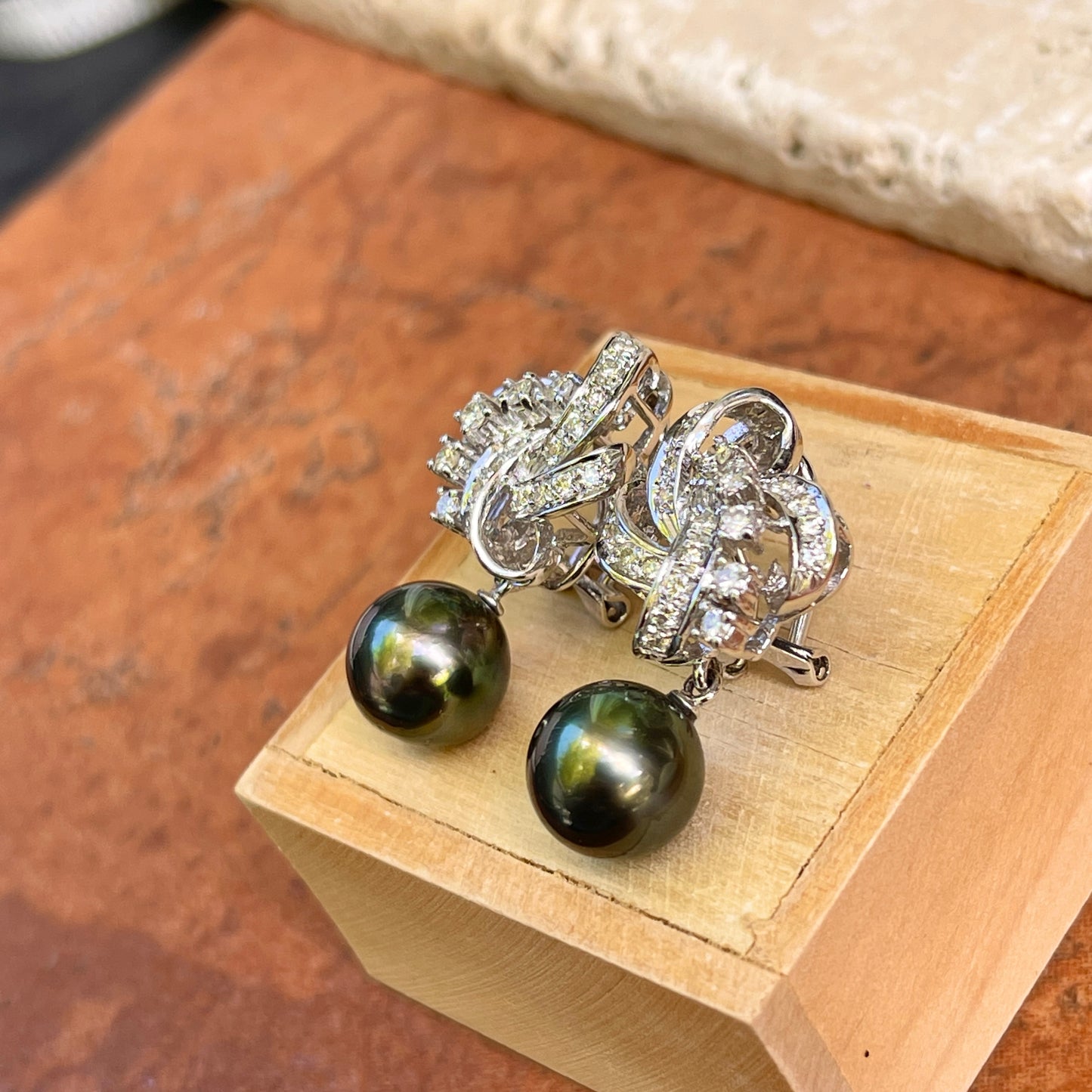 Estate 18KT White Gold Pave Diamond + Gray Tahitian Pearl Omega Back Earrings