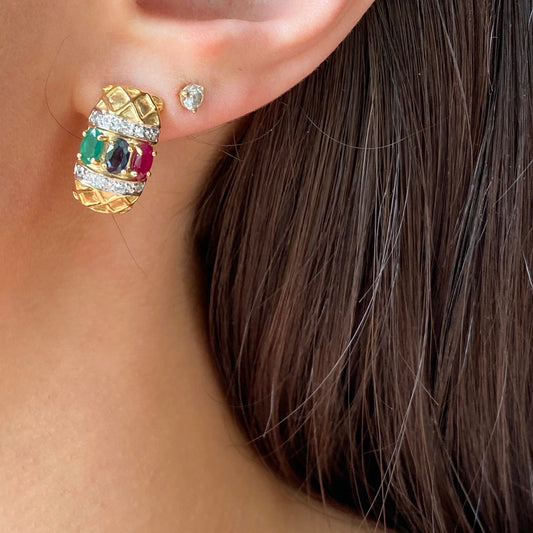 Estate 14KT Yellow Gold Pave Diamond + Ruby, Sapphire, Emerald Omega Back Earrings