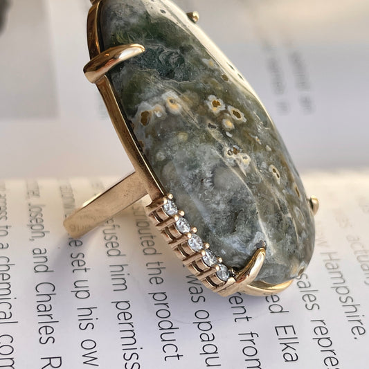 14KT Yellow Gold Teardrop Agate Geode Druzy + Diamond Accent Ring