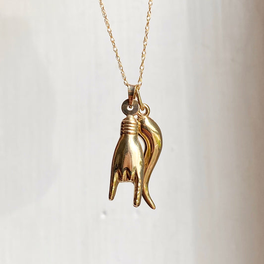14KT Yellow Gold 25mm Mano Cornuto + Corno Italian Horn Pendants Chain Necklace
