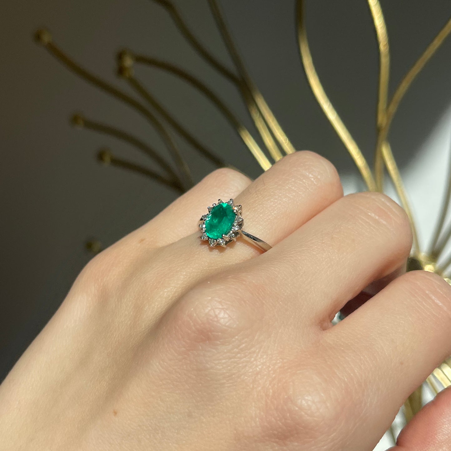 Estate 14KT White Gold Oval 2.00 CT Emerald + Diamond Halo Ring