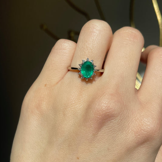 Estate 14KT White Gold Oval 2.00 CT Emerald + Diamond Halo Ring