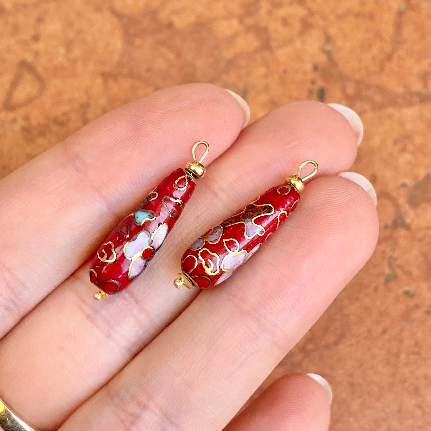 Estate 14KT Yellow Gold Red Multi-Color Cloisonné Oblong Earring Charms