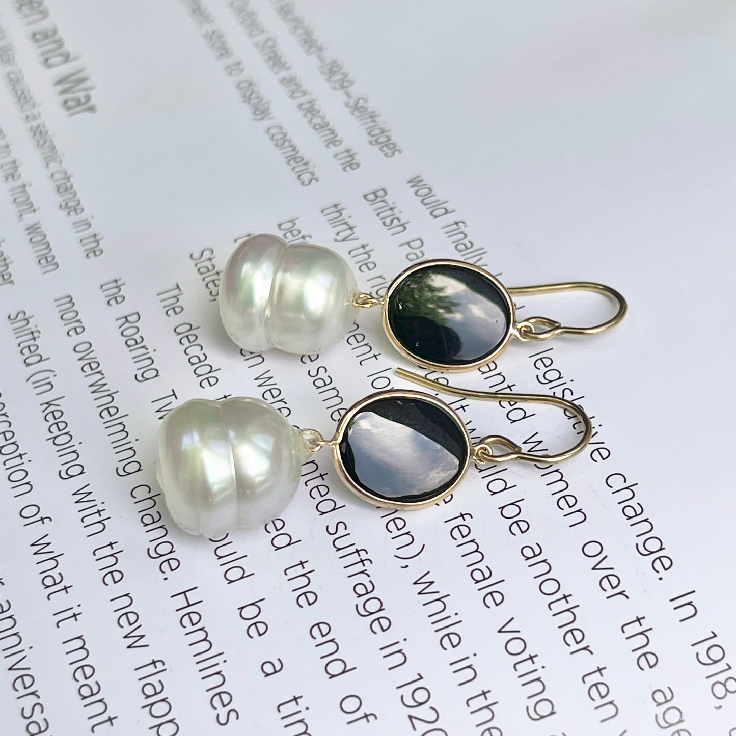 14KT Yellow Gold Oval Black Onyx + 12mm Paspaley South Sea Pearl Hook Earrings