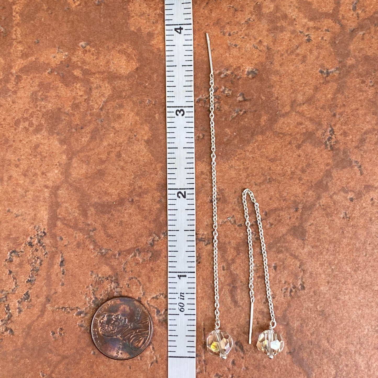 Sterling Silver Threader Chain Clear Crystal Ball Ear Wire Earrings