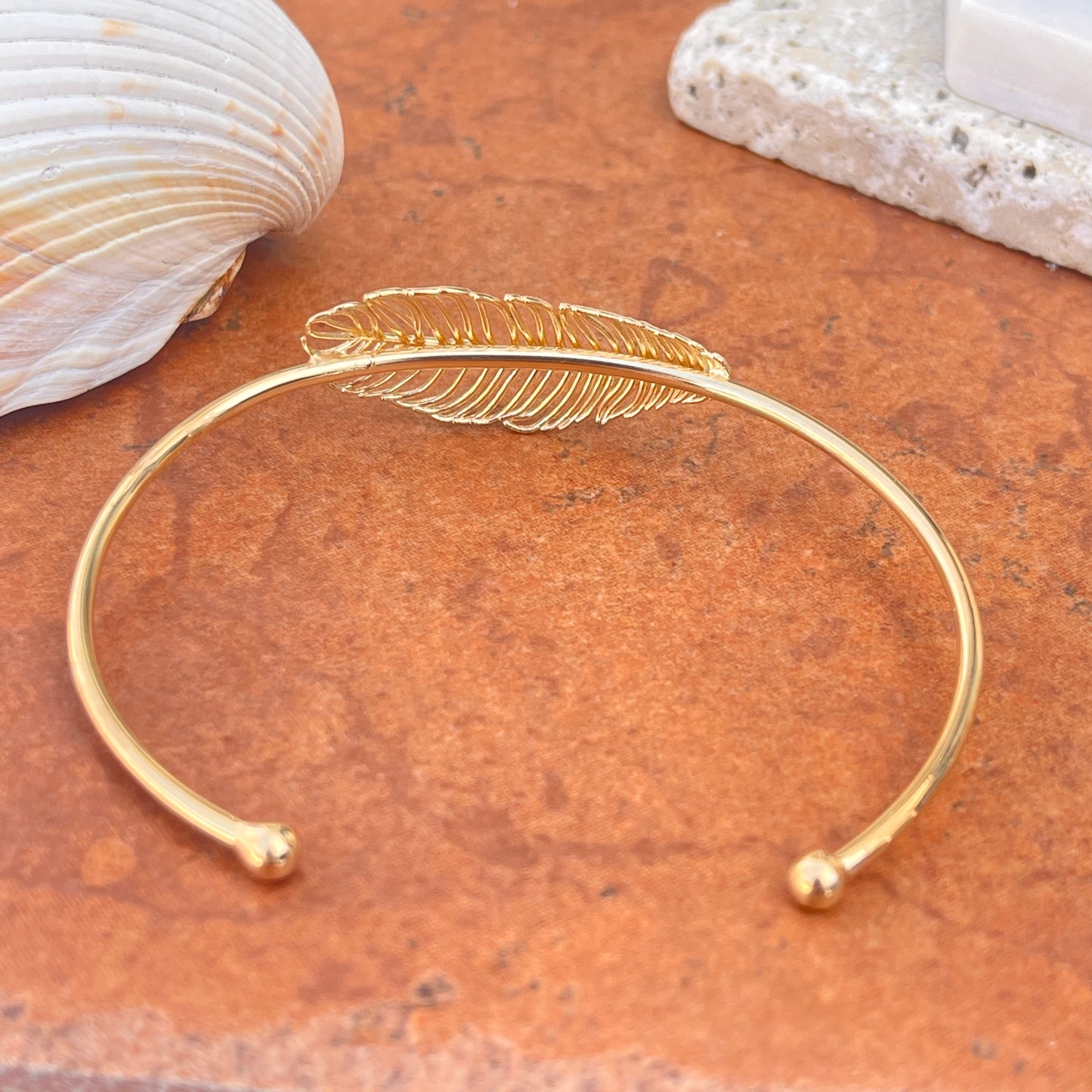 Gold Tone Sterling Silver Horizontal Leaf Bangle Cuff Bracelet