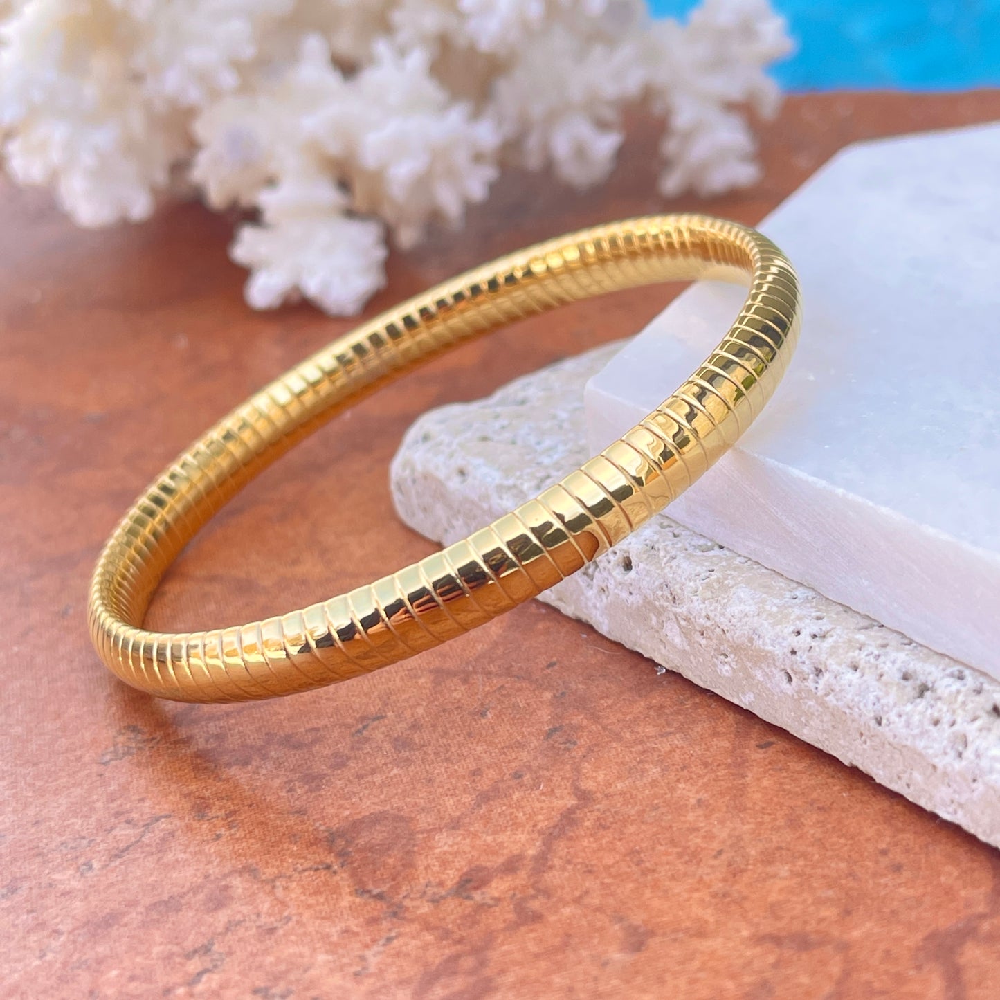 Gold Color Stainless Steel Ribbed Round Slip On Bangle Bracelet